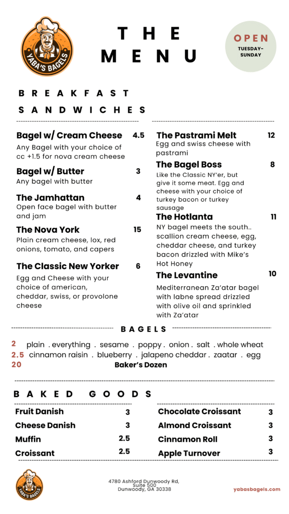 Yaba's Bagels Menu