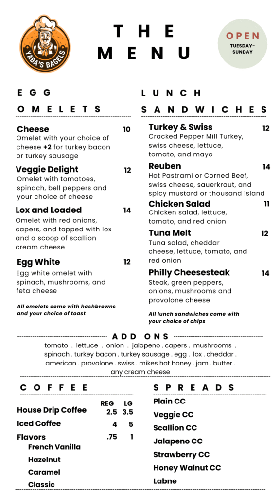 Yaba's Bagels Menu