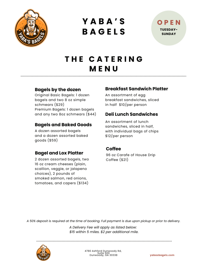 Yaba's Bagels Catering Menu, catering in Atlanta, bagel catering in Dunwoody, bagel catering in Atlanta, bagel catering in Sandy Springs, bagel catering in Alpharetta