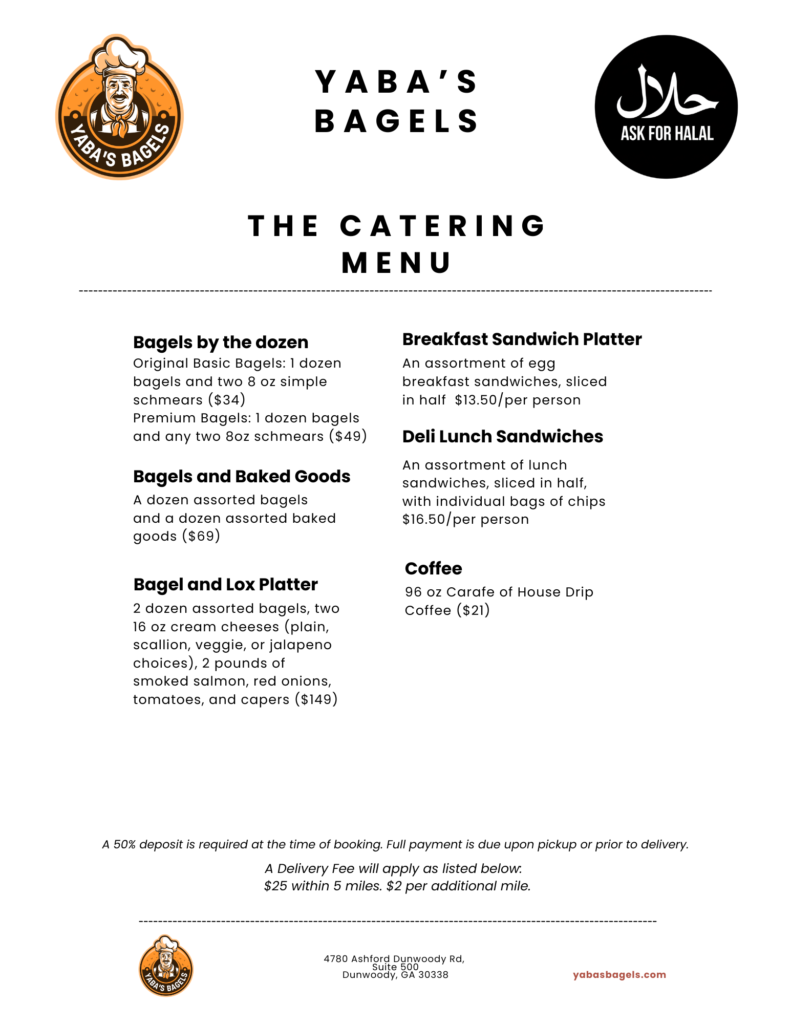 Yaba's Bagels catering menu