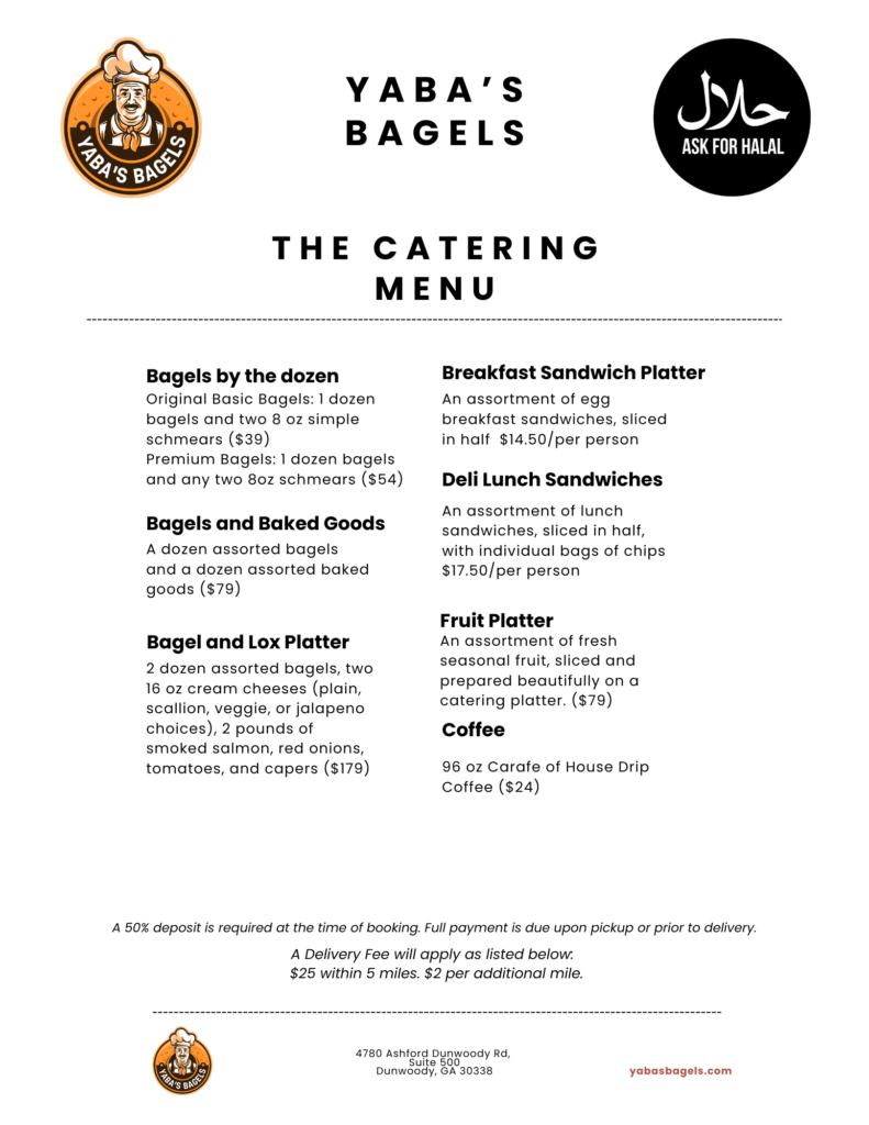 Yaba's Bagels catering menu